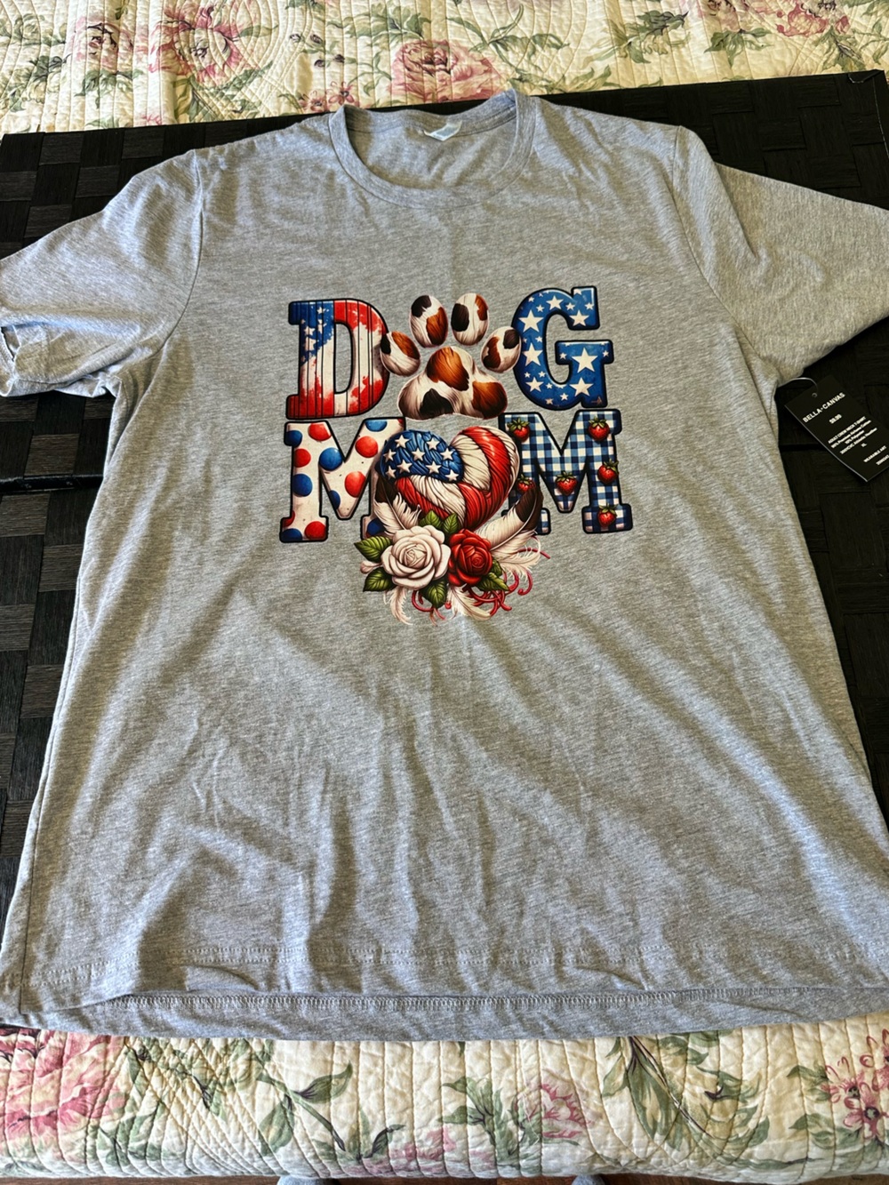 Custom Made Bella Canvas Gray Woman Short Sleeve Tee with Dog Mom Floral